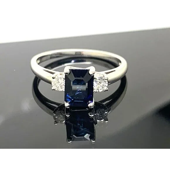 Emerald Cut Blue Gemstone Diamond Engagement Cocktail Ring 14k Gold Women's SZ 7
